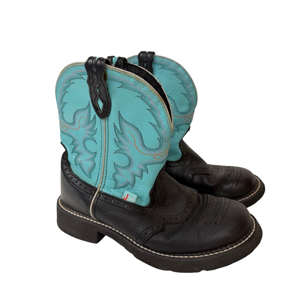 Justin Gypsy Boots Women's 10B Black Teal Leather Embroidered Western Cowgirl